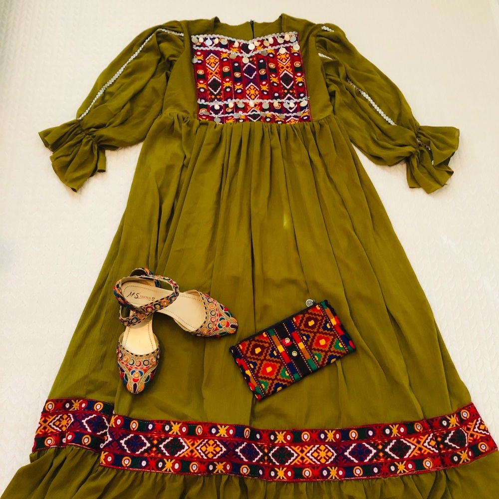 Elegant Olive Green Embroidered Dress